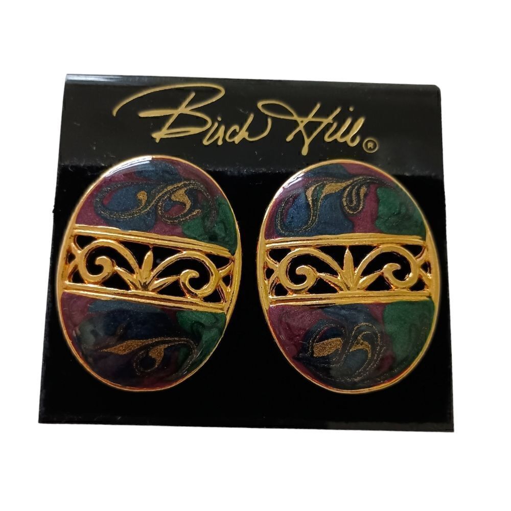 Vtg 80s Enameled‎ Filigree Earrings Maximalist Modernist Pierced Gold Tone Oval